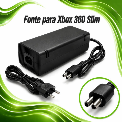Fonte para xbox 360 slim bivolt conector 2 pinos com cabo de 1
