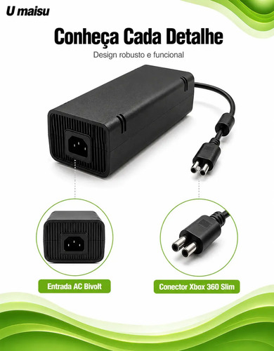 Fonte Para Xbox 360 Slim Bivolt Conector 2 Pinos Com Cabo De Energia - U Maisu