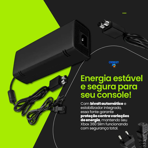 Fonte Para Xbox 360 Slim Bivolt Conector 2 Pinos Com Cabo De Energia - Crowley