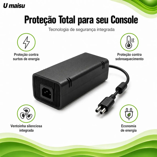 Fonte Para Xbox 360 Slim Bivolt Conector 2 Pinos Com Cabo De Energia - U Maisu