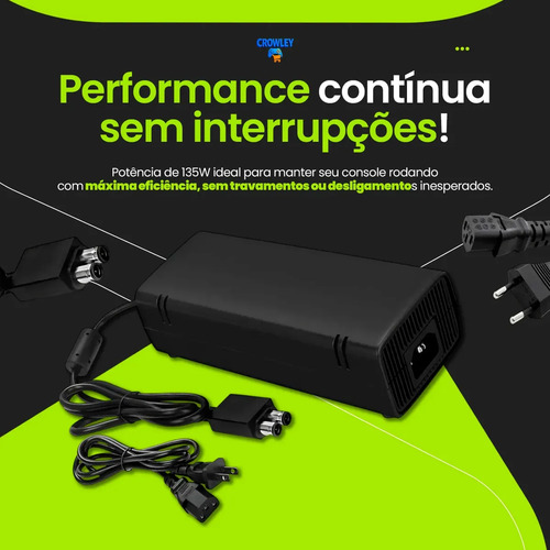 Fonte Para Xbox 360 Slim Bivolt Conector 2 Pinos Com Cabo De Energia - Crowley
