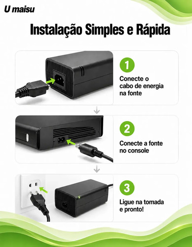 Fonte Para Xbox 360 Slim Bivolt Conector 2 Pinos Com Cabo De Energia - U Maisu