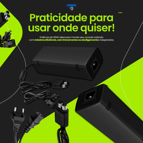 Fonte Para Xbox 360 Slim Bivolt Conector 2 Pinos Com Cabo De Energia - Crowley