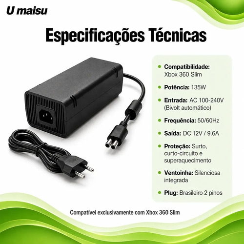 Fonte Para Xbox 360 Slim Bivolt Conector 2 Pinos Com Cabo De Energia - U Maisu