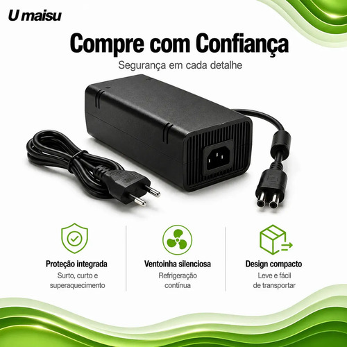 Fonte Para Xbox 360 Slim Bivolt Conector 2 Pinos Com Cabo De Energia - U Maisu