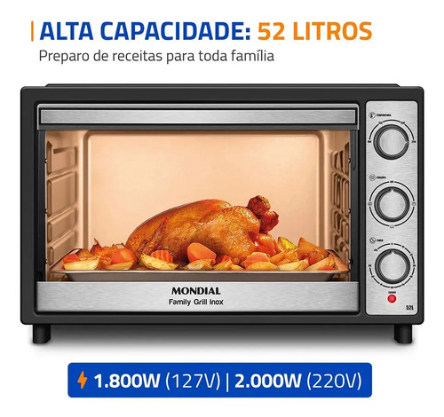 Forno Elétrico 52l Family Grill Inox Mondial 1800w Frn-52-bi
