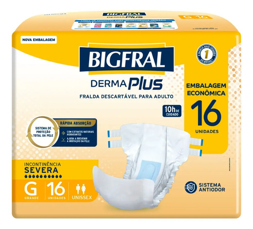 Fralda geriatrica derma plus unissex 16 unidades g bigfral g