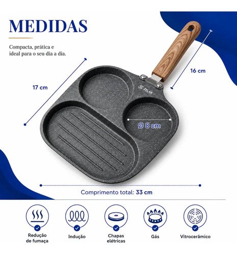 Frigideira Antiaderente com 3 Cavidades para Ovo e Panqueca de Alumínio