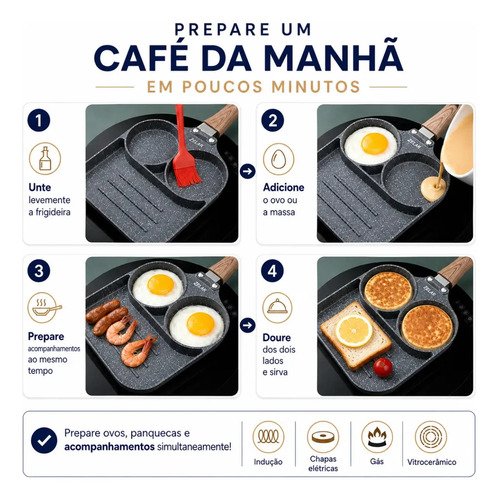 Frigideira Antiaderente com 3 Cavidades para Ovo e Panqueca de Alumínio