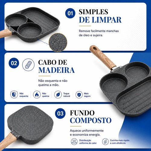 Frigideira Antiaderente com 3 Cavidades para Ovo e Panqueca de Alumínio