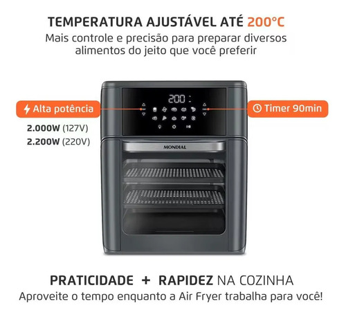 Fritadeira Air Fryer Oven Afon12lfg 12l Digital 2000 Mondial