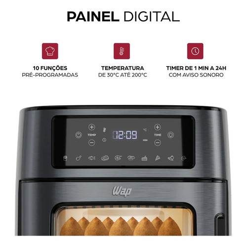 Fritadeira Elétrica Air Fryer Oven Black INOX WAP WAOD2 12 Litros 4 em 1 Porta com Abertura Lateral e Removível 1800W