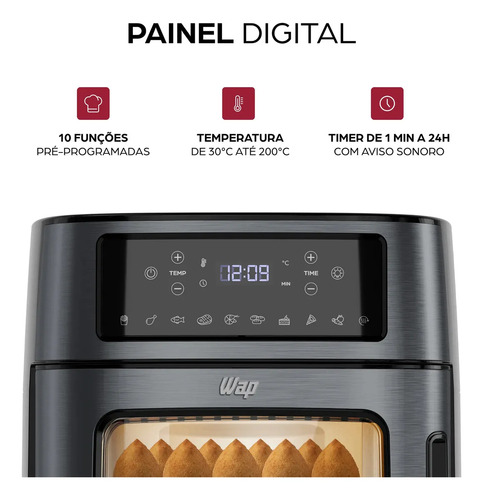 Fritadeira Elétrica Wap Air Fryer Oven Digital Black Inox 12 Litros com Revestimento Antiaderente