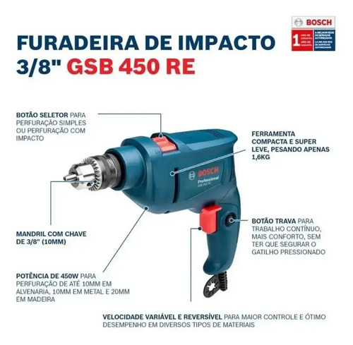 Furadeira Industrial Impacto Rev 450w Gsb 450 Re Bosch + Kit