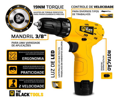 Furadeira Parafusadeira A Bateria 12V 3/8” 10mm Bivolt 350 Rpm The Black Tools + Jogo De Brocas Bits Buchas C/ 300 Peças