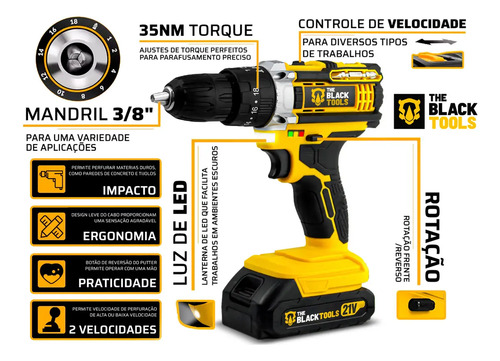 Furadeira Parafusadeira De Impacto 2 Baterias 21v 3/8 Com Kit Jogo De Ferramentas 169 Peças Com Maleta The Black Tools