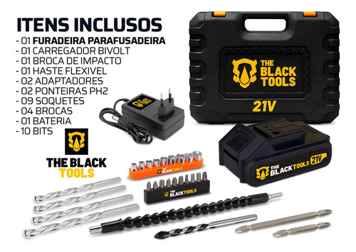 Furadeira Parafusadeira De Impacto 2 Baterias 21v 3/8 Com Kit Jogo De Ferramentas 169 Peças Com Maleta The Black Tools