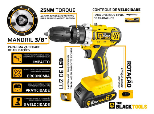 Furadeira Parafusadeira De Impacto 2 Baterias 21v + 46 Peças