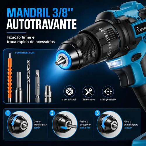 Furadeira Parafusadeira Impacto Brushless 21V Runport 40N.m Motor Sem Escovas 2 Baterias 2.0Ah Maleta Kit Brocas Bits Madeira Metal Concreto