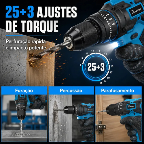 Furadeira Parafusadeira Impacto Brushless 21V Runport 40N.m Motor Sem Escovas 2 Baterias 2.0Ah Maleta Kit Brocas Bits Madeira Metal Concreto