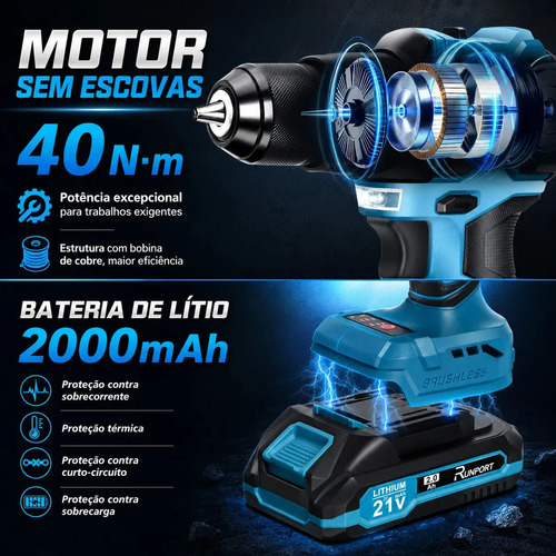 Furadeira Parafusadeira Impacto Brushless 21V Runport 40N.m Motor Sem Escovas 2 Baterias 2.0Ah Maleta Kit Brocas Bits Madeira Metal Concreto