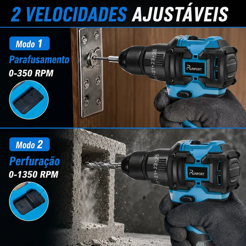 Furadeira Parafusadeira Impacto Brushless 21V Runport 40N.m Motor Sem Escovas 2 Baterias 2.0Ah Maleta Kit Brocas Bits Madeira Metal Concreto