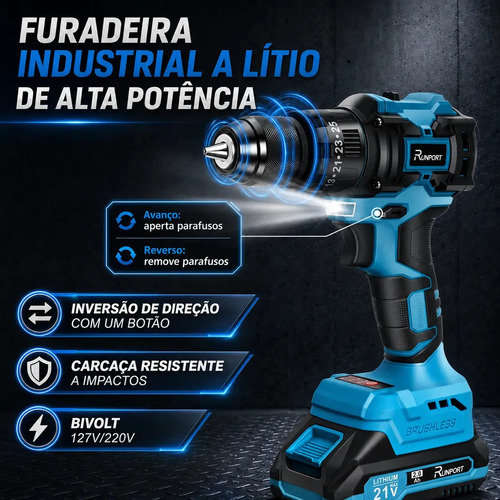 Furadeira Parafusadeira Impacto Brushless 21V Runport 40N.m Motor Sem Escovas 2 Baterias 2.0Ah Maleta Kit Brocas Bits Madeira Metal Concreto