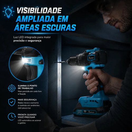 Furadeira Parafusadeira Impacto Brushless 21V Runport 40N.m Motor Sem Escovas 2 Baterias 2.0Ah Maleta Kit Brocas Bits Madeira Metal Concreto