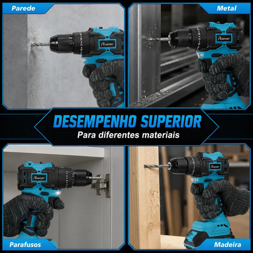 Furadeira Parafusadeira Impacto Brushless 21V Runport 40N.m Motor Sem Escovas 2 Baterias 2.0Ah Maleta Kit Brocas Bits Madeira Metal Concreto