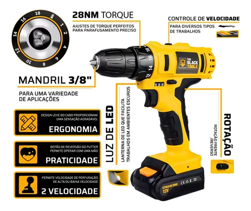 Furadeira Parafusadeira Sem Fio 3/8 Maleta + Kit Ferramentas
