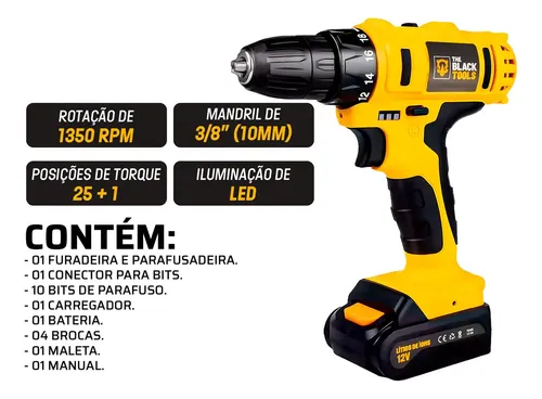 Furadeira Parafusadeira Sem Fio 3/8 Maleta + Kit Ferramentas