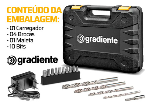 Furadeira Parafusadeira Sem Fio A Bateria Gpb12vd 12v 3/8 10mm Com Maleta E Acessórios Gradiente