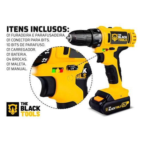Furadeira Parafusadeira Sem Fio A Bateria Tb-12e 12v 3/8 10mm Com Maleta E Acessórios The Black Tools