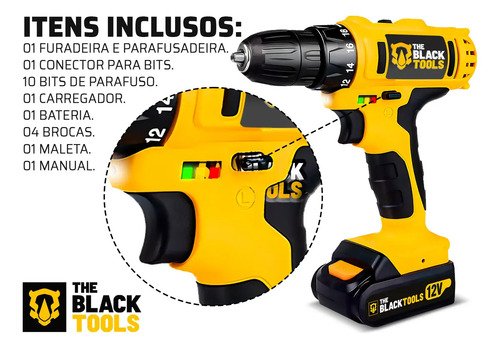 Furadeira Parafusadeira Sem Fio A Bateria Tb-12e 12v 3/8 10mm Com Maleta E Acessórios The Black Tools