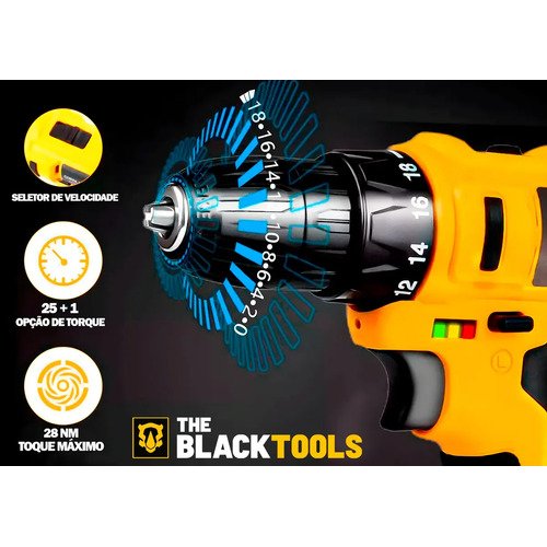 Furadeira Parafusadeira Sem Fio A Bateria Tb-12e 12v 3/8 10mm Com Maleta E Acessórios The Black Tools