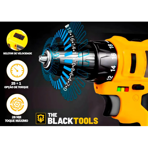 Furadeira Parafusadeira Sem Fio A Bateria Tb-12e 12v 3/8 10mm Com Maleta E Acessórios The Black Tools