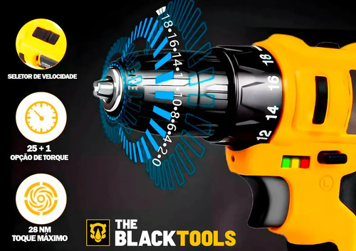 Furadeira Parafusadeira Sem Fio Bateria Tb-12E 12v 3/8 10mm Maleta E Acessórios The Black Tools + Jogo Soquetes 40 Peças