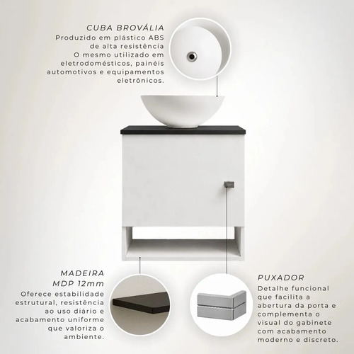 Gabinete Armário Para Banheiro Com Cuba E Espelho 40cm Pia Branco Móvel Preto Quantidade De Furos Para Torneira Um Furo