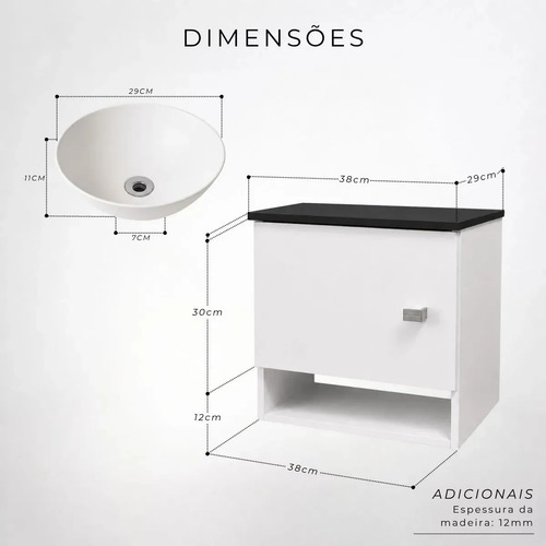 Gabinete Armário Para Banheiro Com Cuba E Espelho 40cm Pia Branco Móvel Preto Quantidade De Furos Para Torneira Um Furo