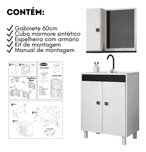 Gabinete Banheiro 60cm Completo Com Cuba E Espelho Onix