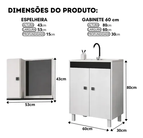 Gabinete Banheiro 60cm Completo Com Cuba E Espelho Onix