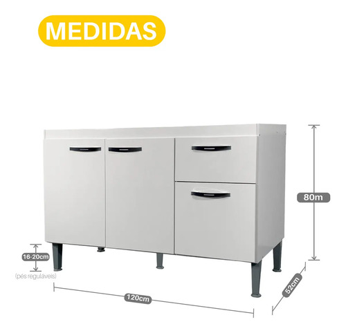 Gabinete de Pia 1,20 Balcão de Cozinha Multiuso 3 Portas Armário de Pia Armário de Cozinha 120x80x52cm Organizador para Pia Cor Branco Ideal para cozinha compacta e área de serviço Porta Panela Branco