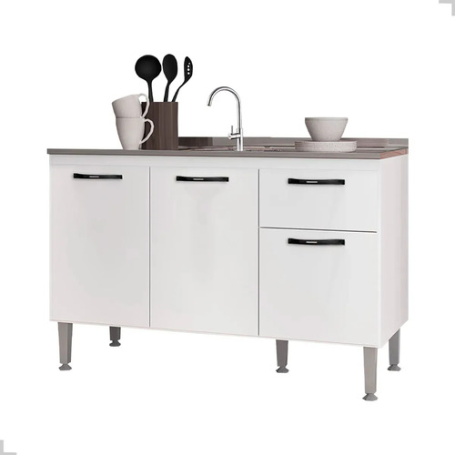 Gabinete de Pia 1,20 Balcão de Cozinha Multiuso 3 Portas Armário de Pia Armário de Cozinha 120x80x52cm Organizador para Pia Cor Branco Ideal para cozinha compacta e área de serviço Porta Panela Branco