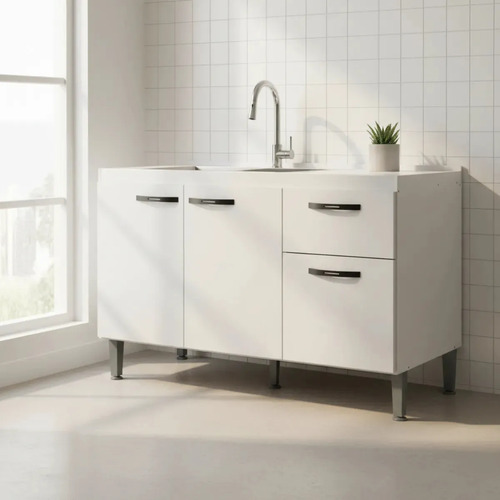 Gabinete de Pia 1,20 Balcão de Cozinha Multiuso 3 Portas Armário de Pia Armário de Cozinha 120x80x52cm Organizador para Pia Cor Branco Ideal para cozinha compacta e área de serviço Porta Panela Branco