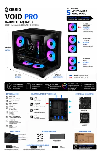Gabinete Gamer Obsid Aquário Com 5 Cooler Fan Led Rgb