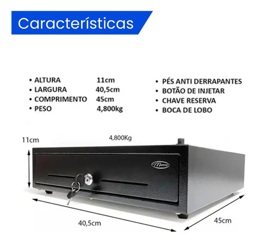 Gaveta de Dinheiro Menno MG-41 CS ECO Manual Preta com Sistema Boca de Lobo