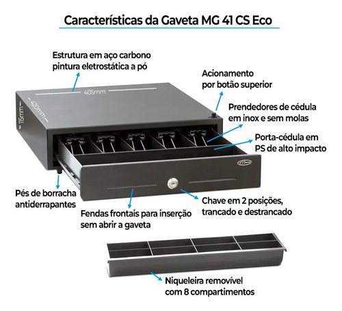 Gaveta de Dinheiro Menno MG-41 CS ECO Manual Preta com Sistema Boca de Lobo
