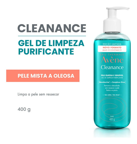 Gel de Limpeza Facial Purificante Avène Cleanance Pele Oleosa e Sensível 400g