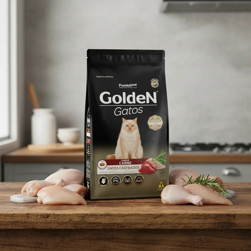 Golden Gatos Castrados Carne 10,1kg Alimento Ração Saudável
