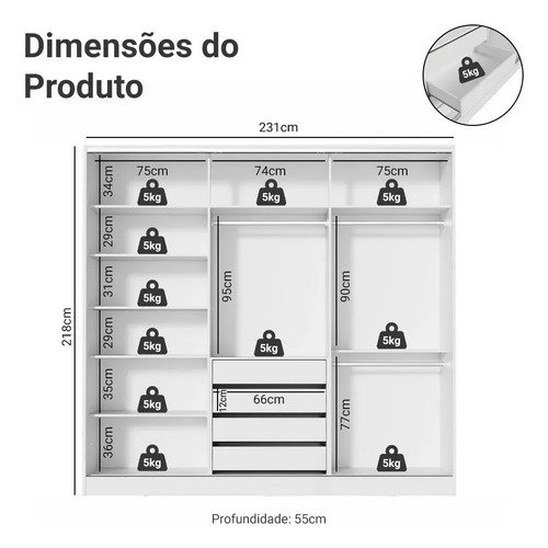Guarda Roupa Casal 100% Mdf Madesa Royale 3 Portas Correr B Cor Branco 106309